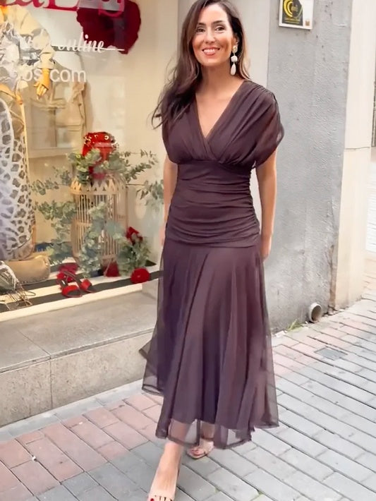 V-Neck Mesh Midi Dress