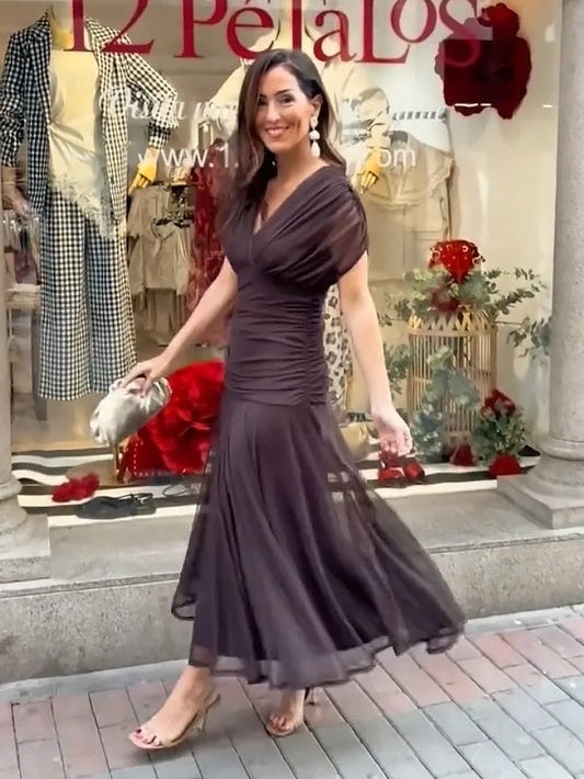 V-Neck Mesh Midi Dress