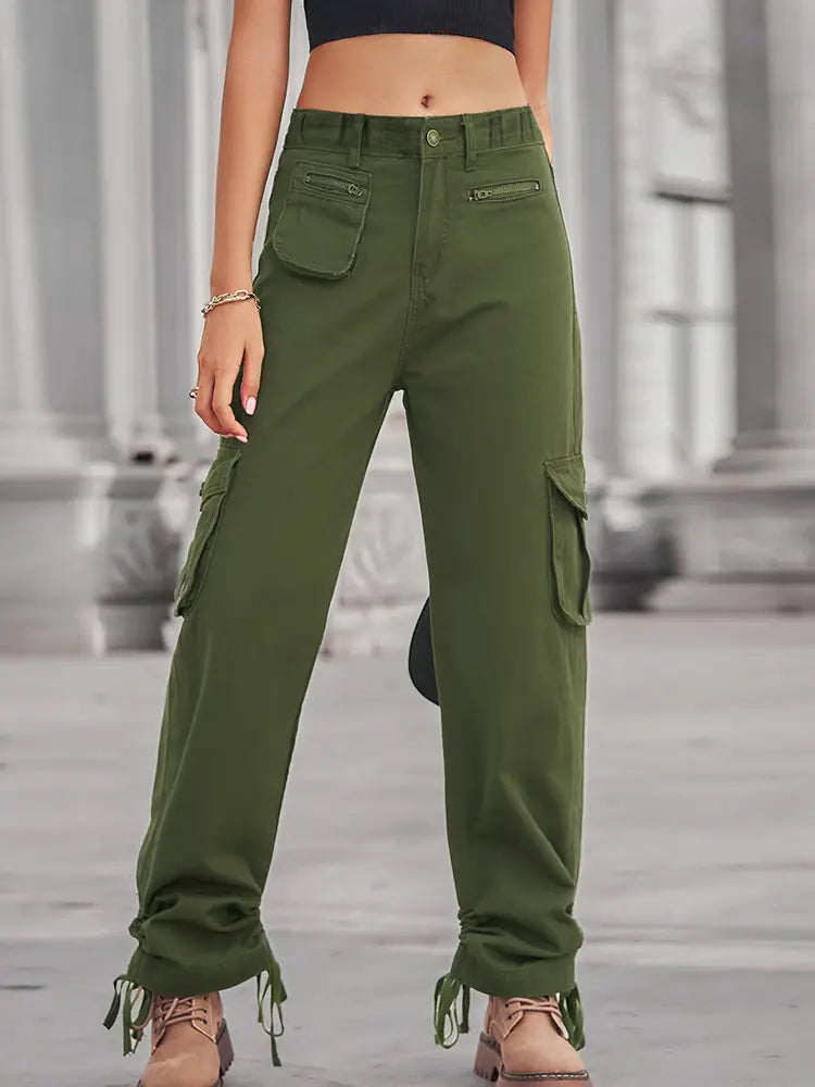Casualne spodnie cargo z denimu z kieszenią na zamek i sznurkiem w pasie
