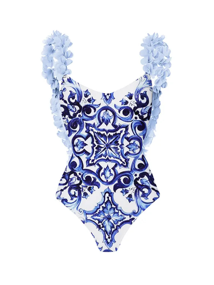 Costum de baie întreg albastru cu aplicație lucrată manual