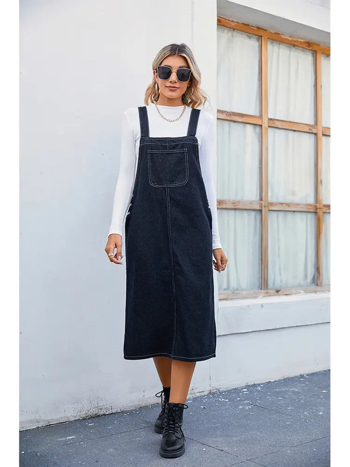 Trendy Denim Pinafore Jurk Midi Rok