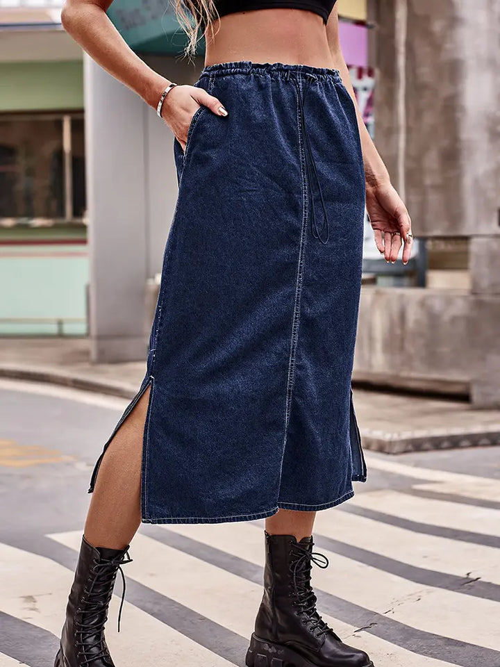 Drawstring Waist Denim Midi Skirt