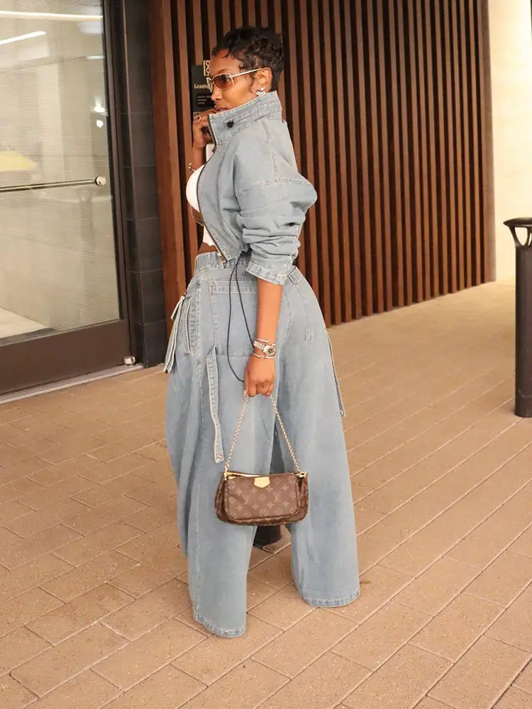 Vintage Wide-Leg Denim Dalawang Piraso