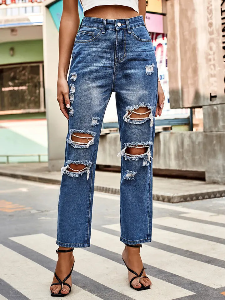 Veelzijdige Gewassen Gescheurde Rechte Cropped Jeans