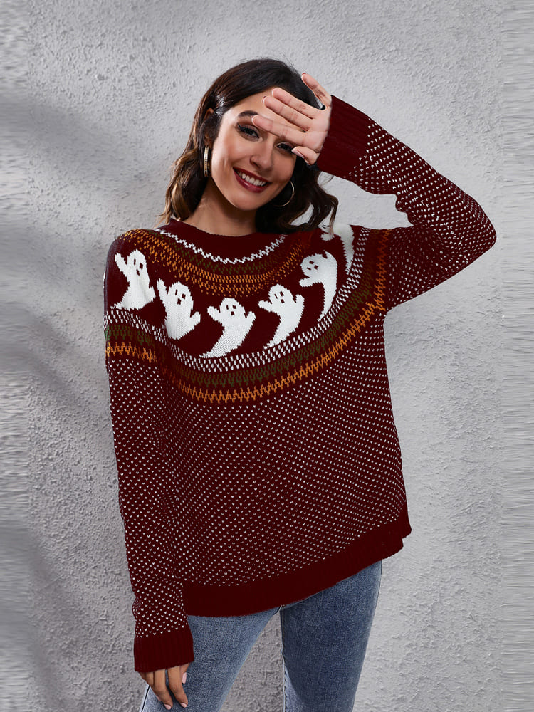 Litterært retro spøgelsesmønster strikket sweater med rund hals