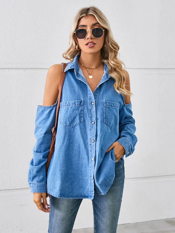 Vasket Skulder Cutout Snøre Denim Skjorte