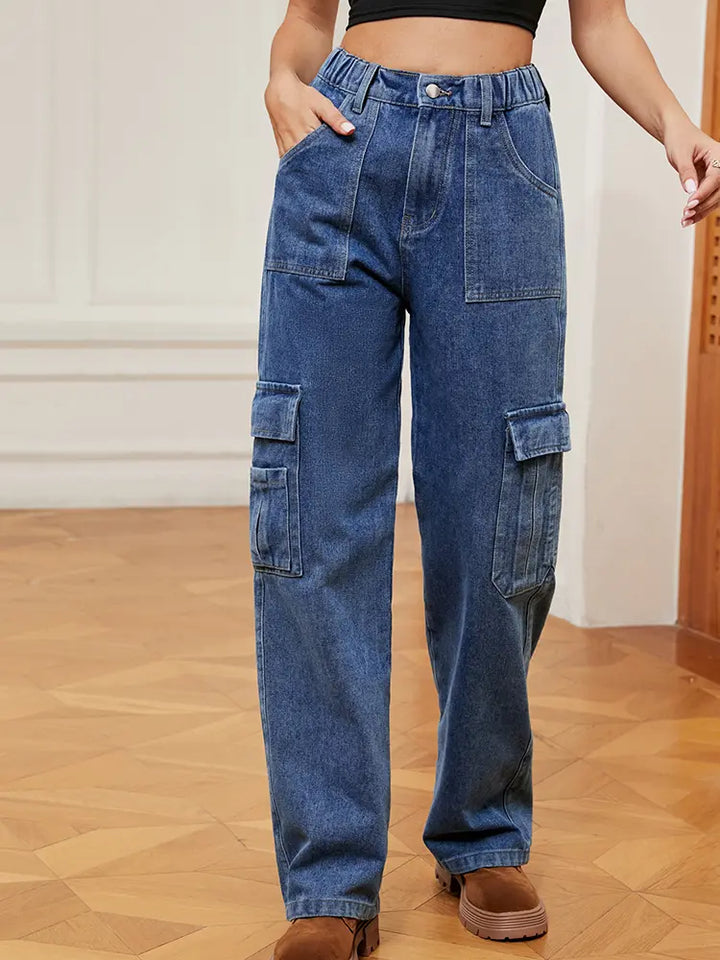 Amerikansk stil elastisk midje denim cargo bukser