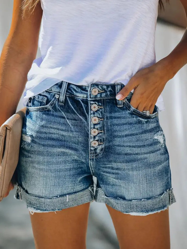 Maraming Gamit na Mataas na Baywang na Punit na Denim Shorts