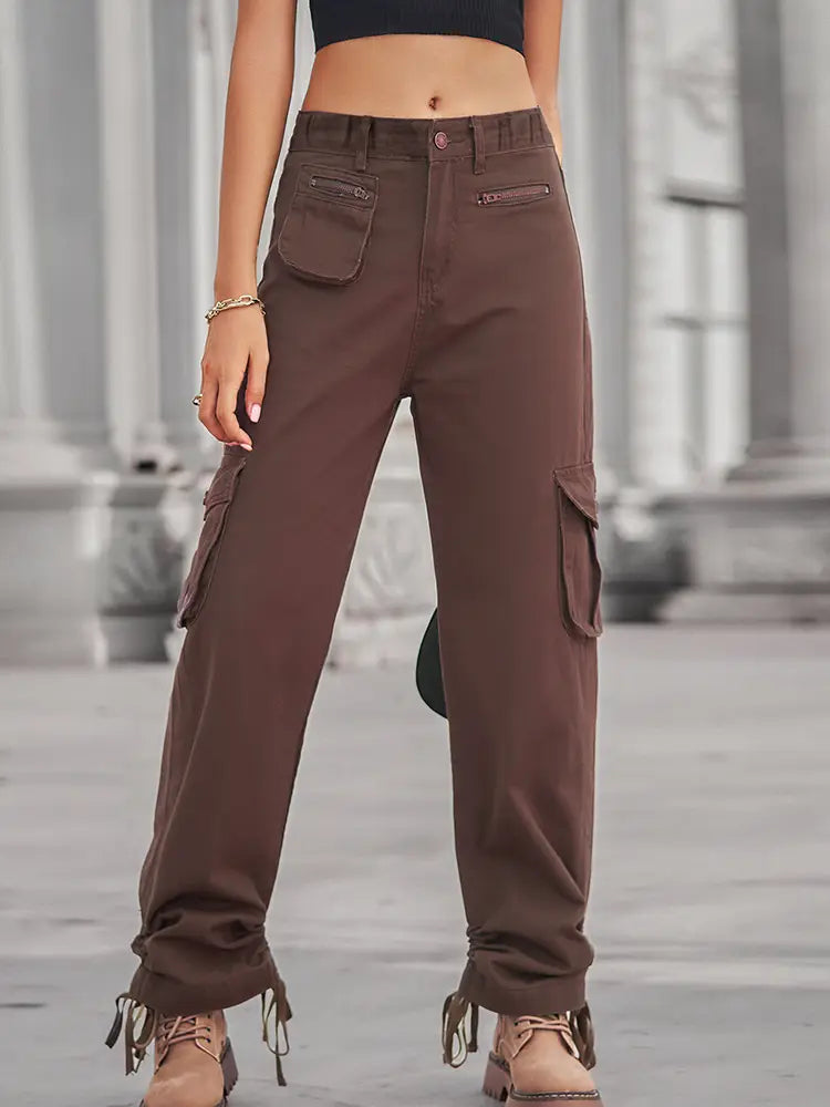 Casualne spodnie cargo z denimu z kieszenią na zamek i sznurkiem w pasie