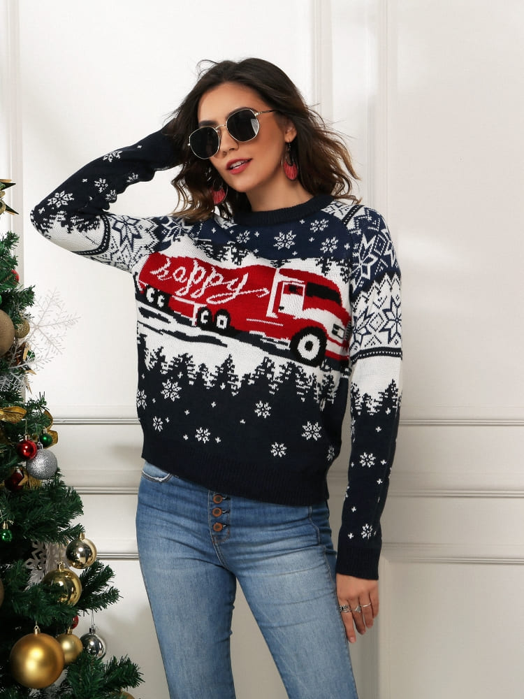 Sweater na may Disenyong Snowflake at Truck para sa Pasko