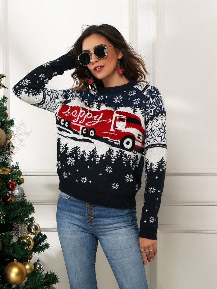 Maglione di Natale con stampa di fiocchi di neve e camion