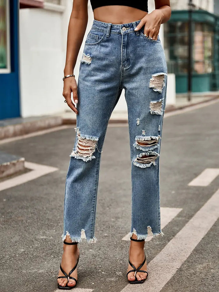 Jeans cropped slim déchirés tendance