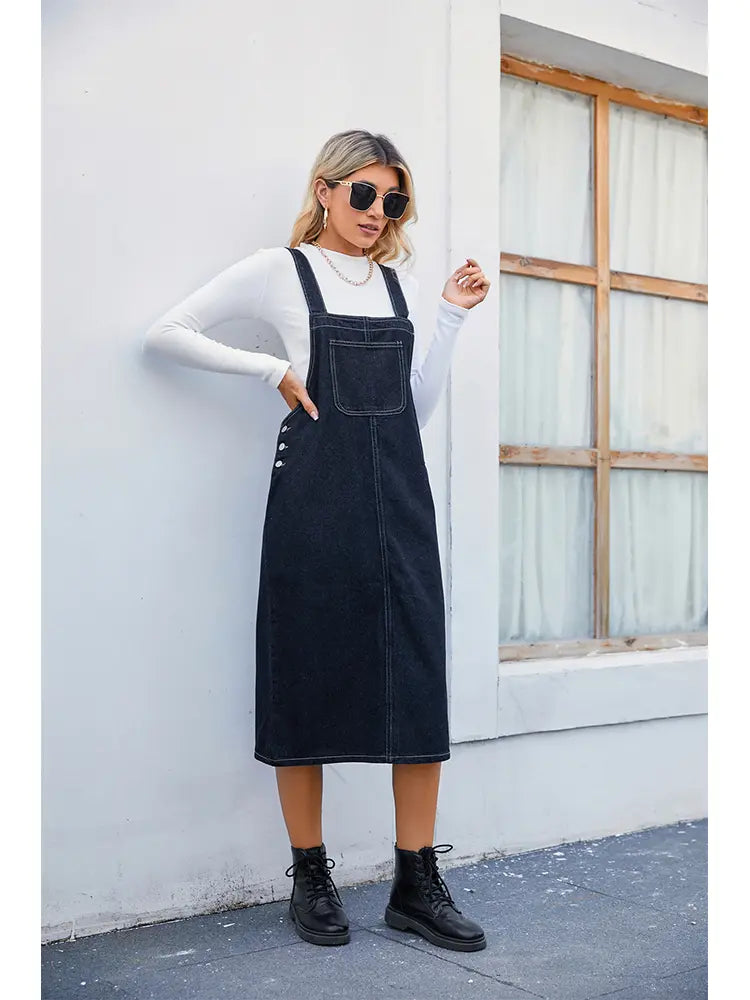 Trendy Denim Pinafore Dress Midi Skirt