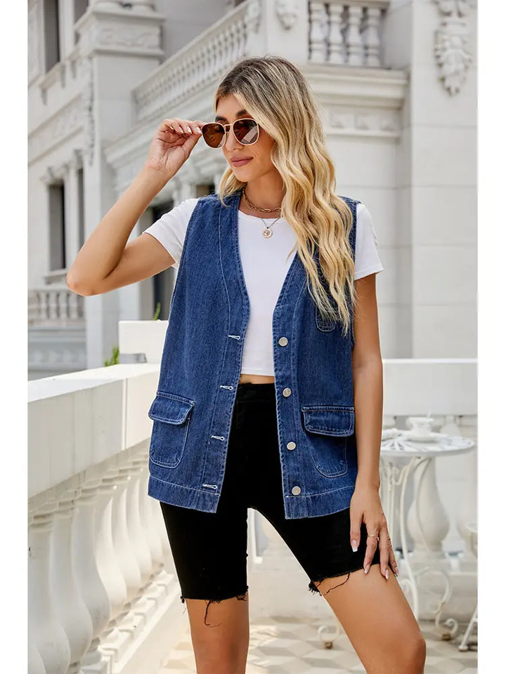 Gilet en denim délavé à poches multiples