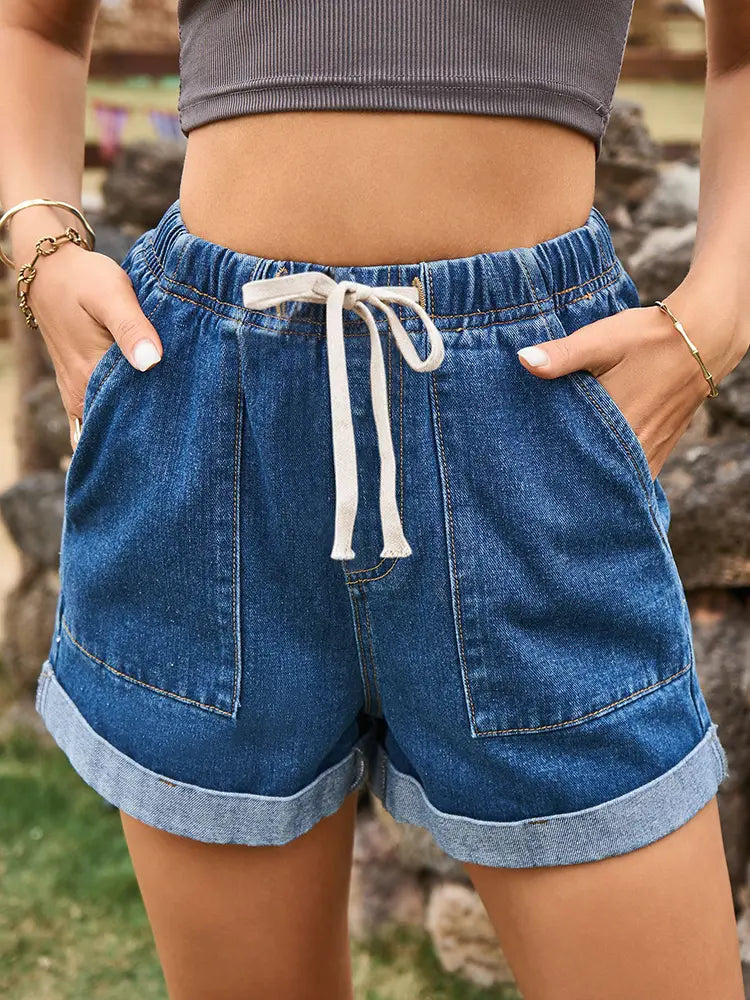 Tie-Waist Rolled-Hem Denim Shorts