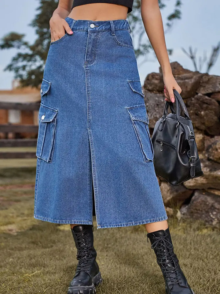 Saia de Denim com Cintura Elástica ao Estilo Americano