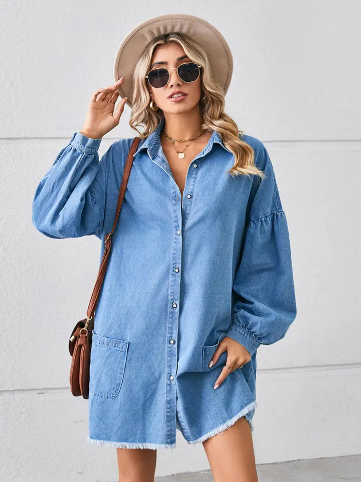 Oversized na Frayed na Denim Midi Dress