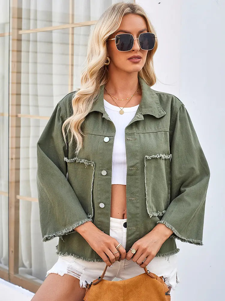 Washed Loose-Fit Army Green Denim Jacket