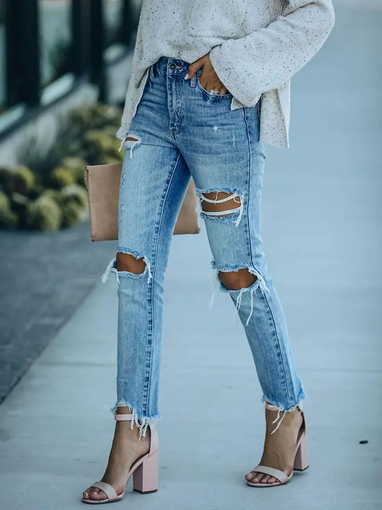 Street Style Ripped Slim-Fit Ankle-Length Jeans