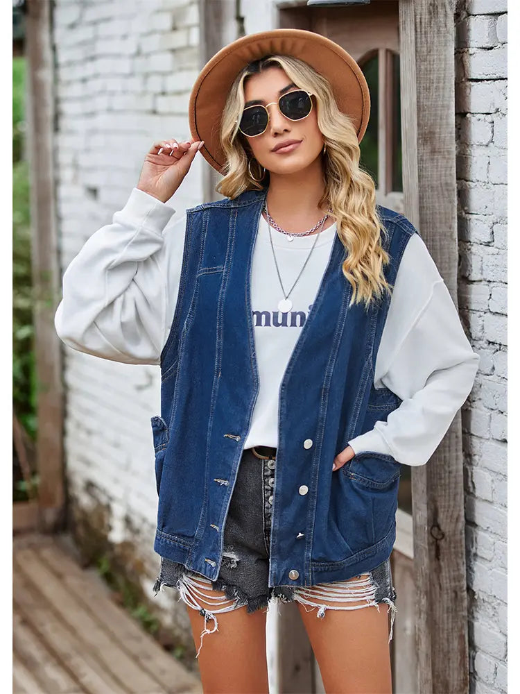 Button-Up Casual Denim Vest Jacket