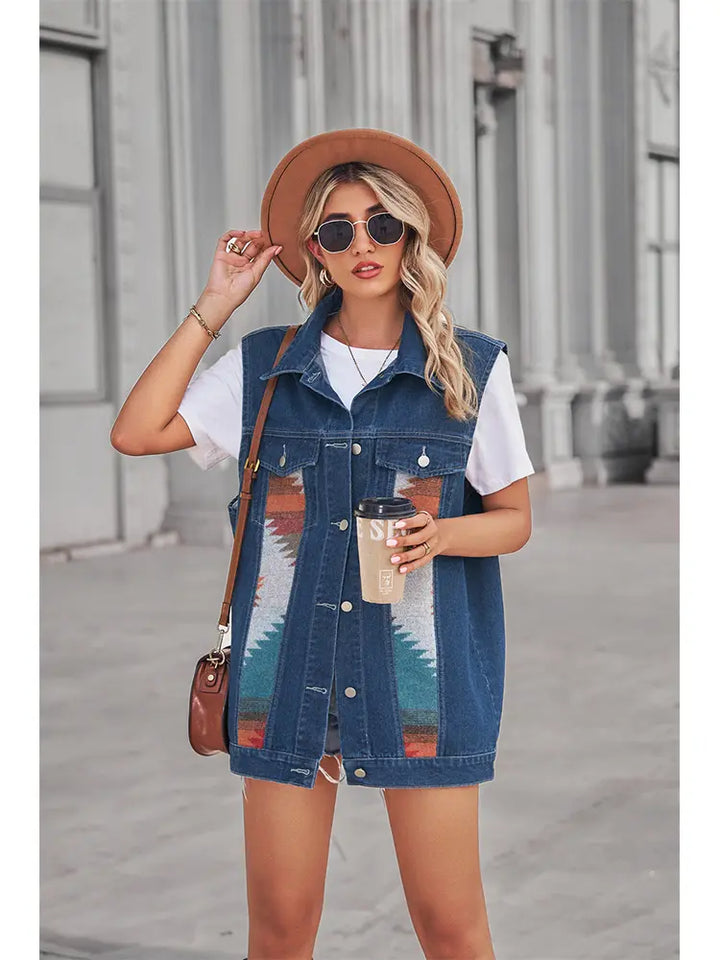 Retro Geometrisches Patchwork Denim-Weste