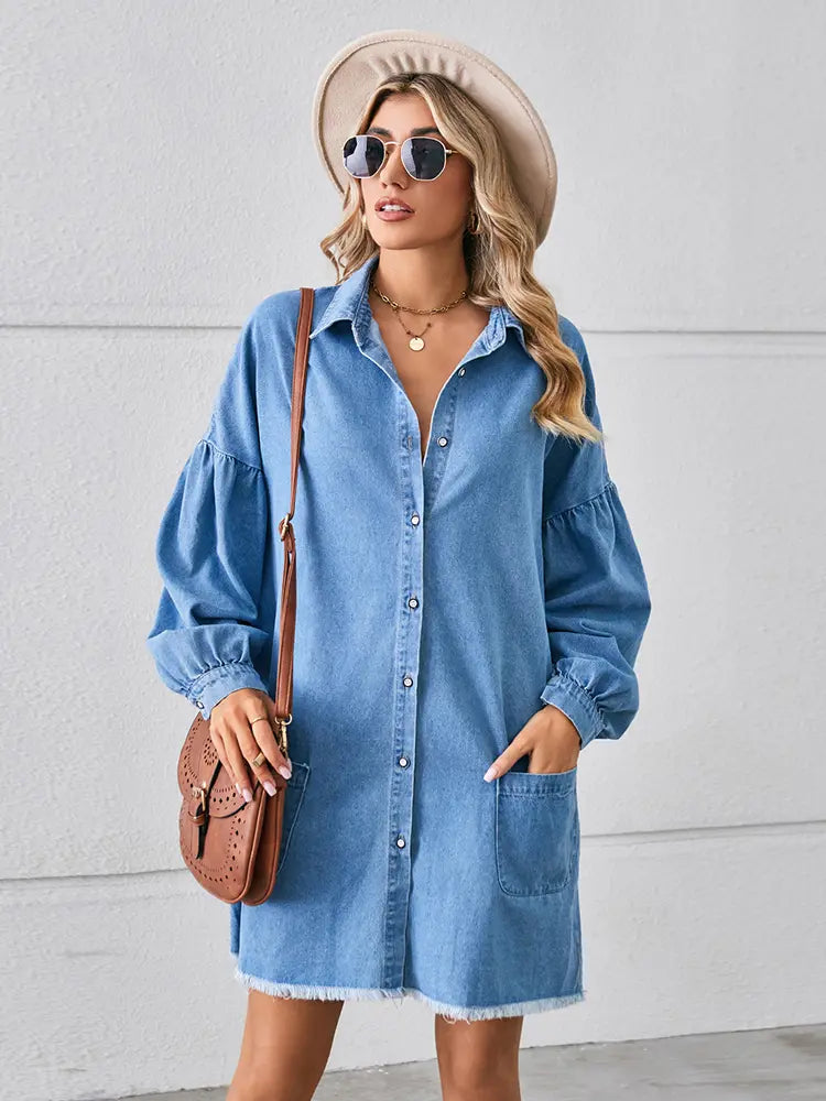 Oversized na Frayed na Denim Midi Dress