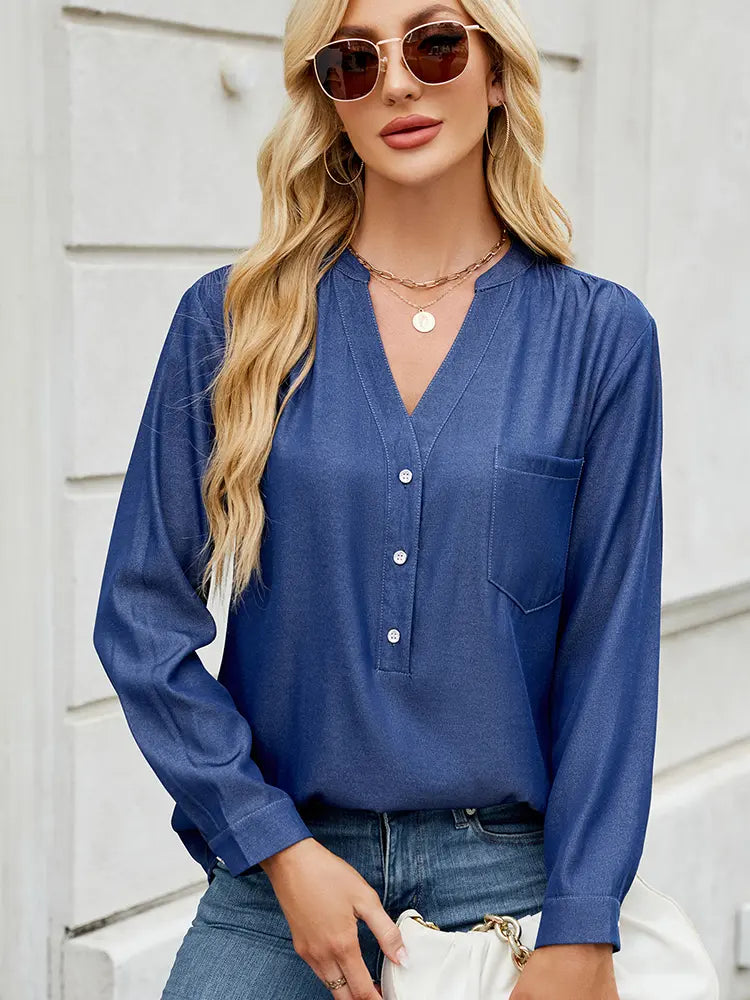 Chic Button-Down V-Neck Denim-Look Blouse