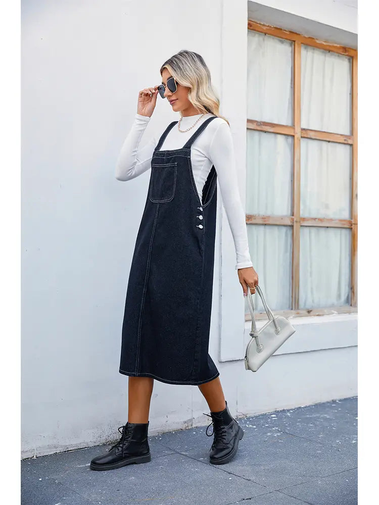 Trendy Denim Pinafore Jurk Midi Rok