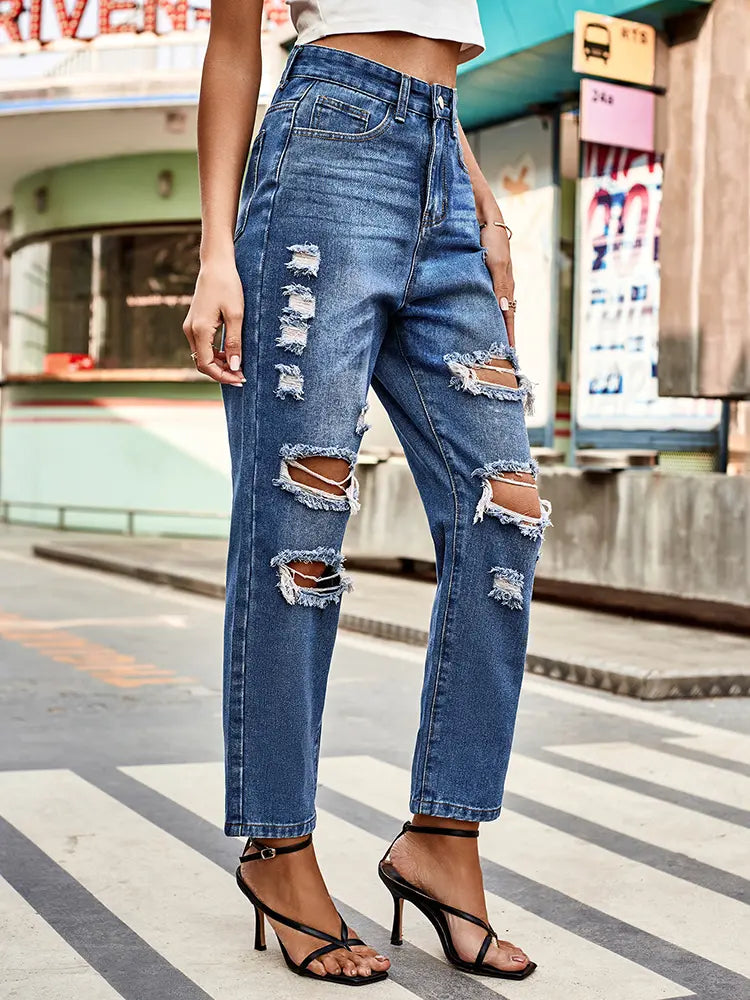 Veelzijdige Gewassen Gescheurde Rechte Cropped Jeans