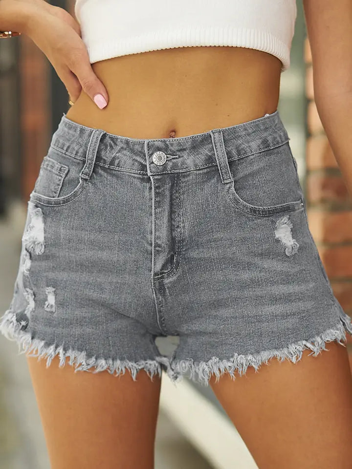 Slidt kant revet stræk denim shorts