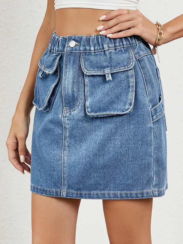 Washed Elastic Waist Denim Skirt