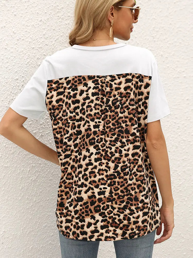 Lös Passform Leopardtryck Patchwork T-shirt