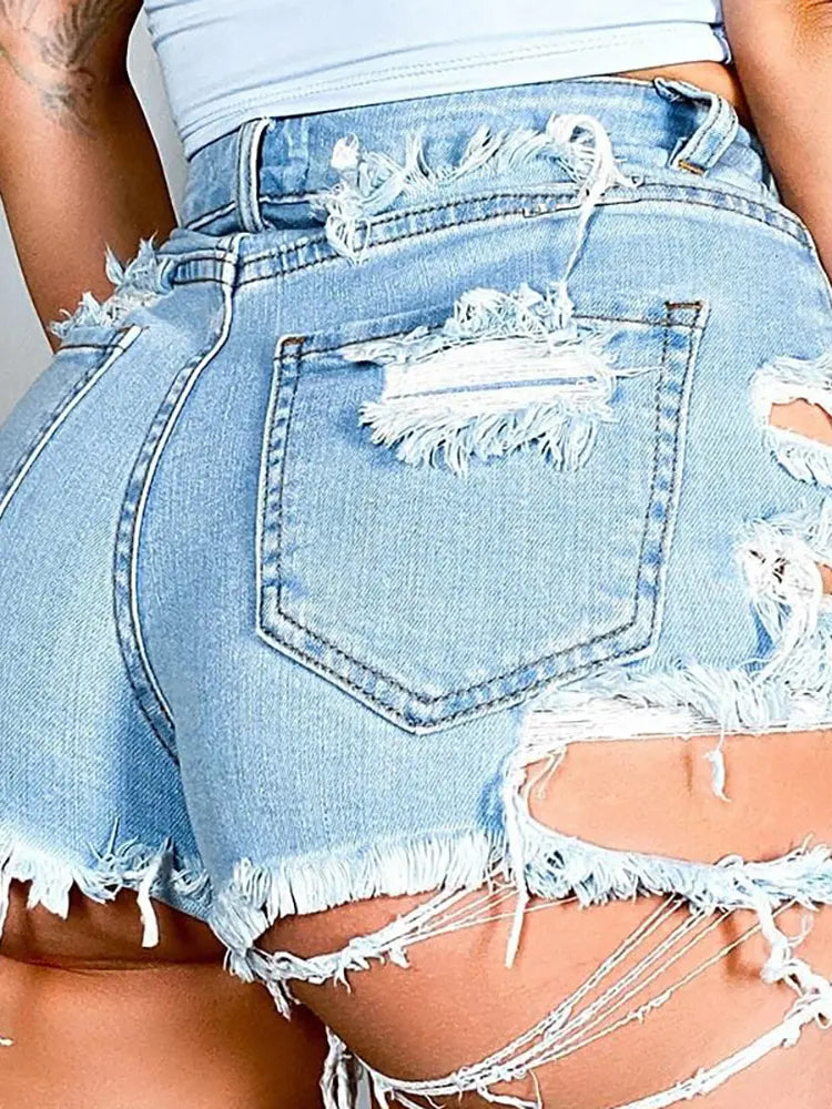 Calções de Denim Desgastados Assimétricos na Moda