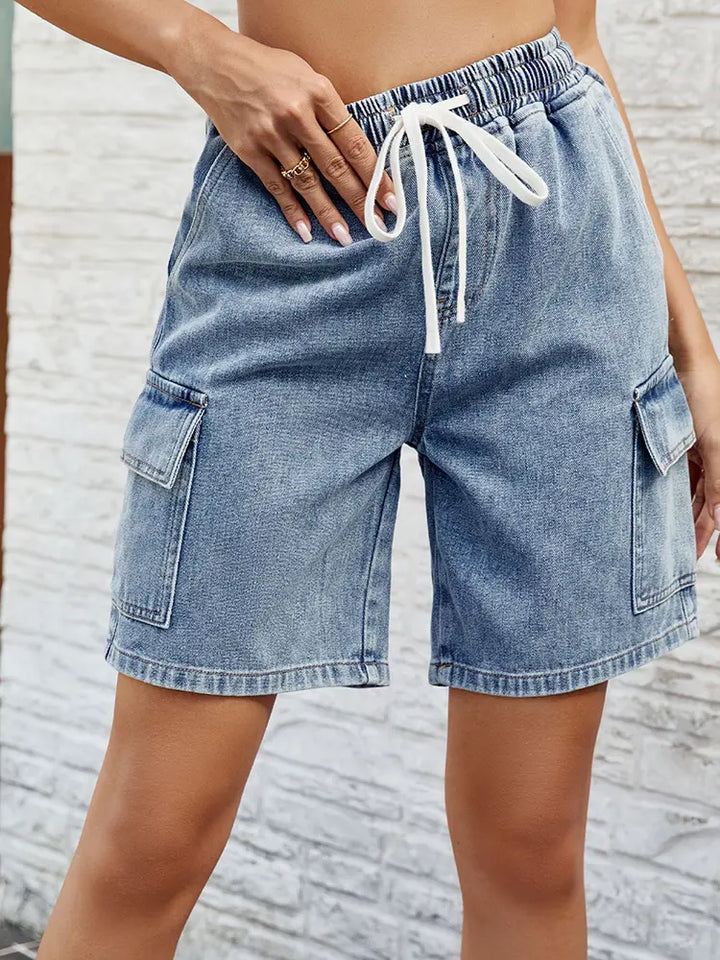 Washed Tie-Waist Elastic Denim Shorts