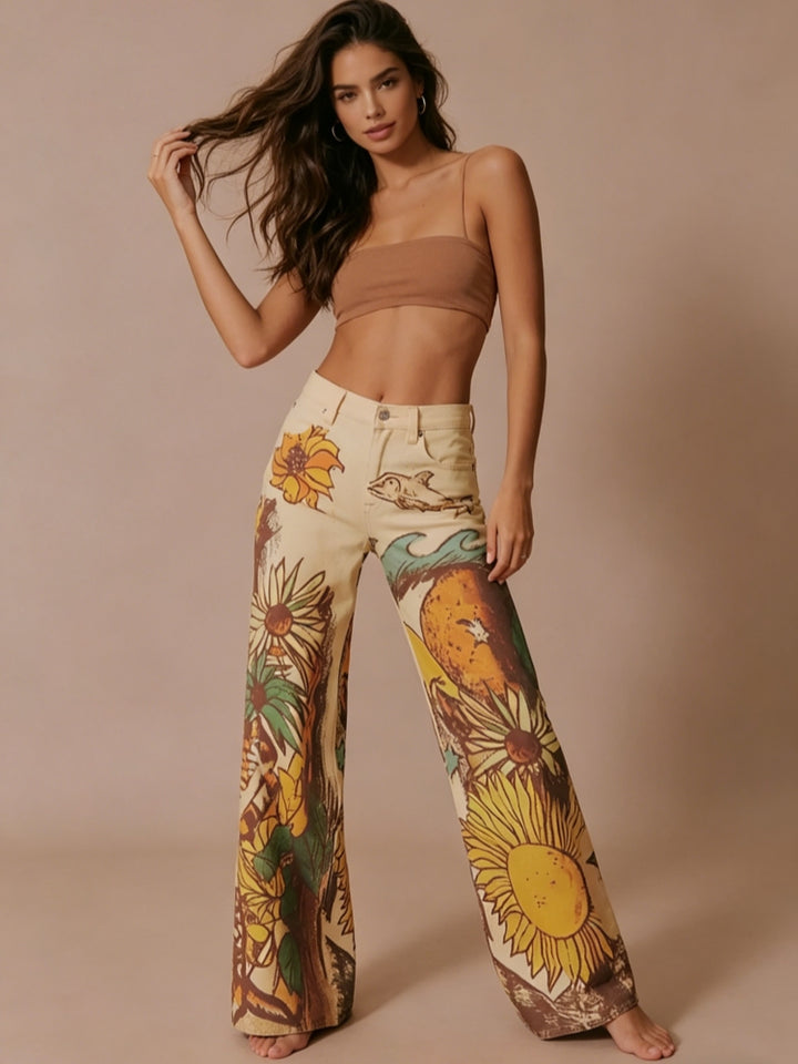 Jeans mit Sonnenblumenmuster, mittelhoch, gerade geschnitten