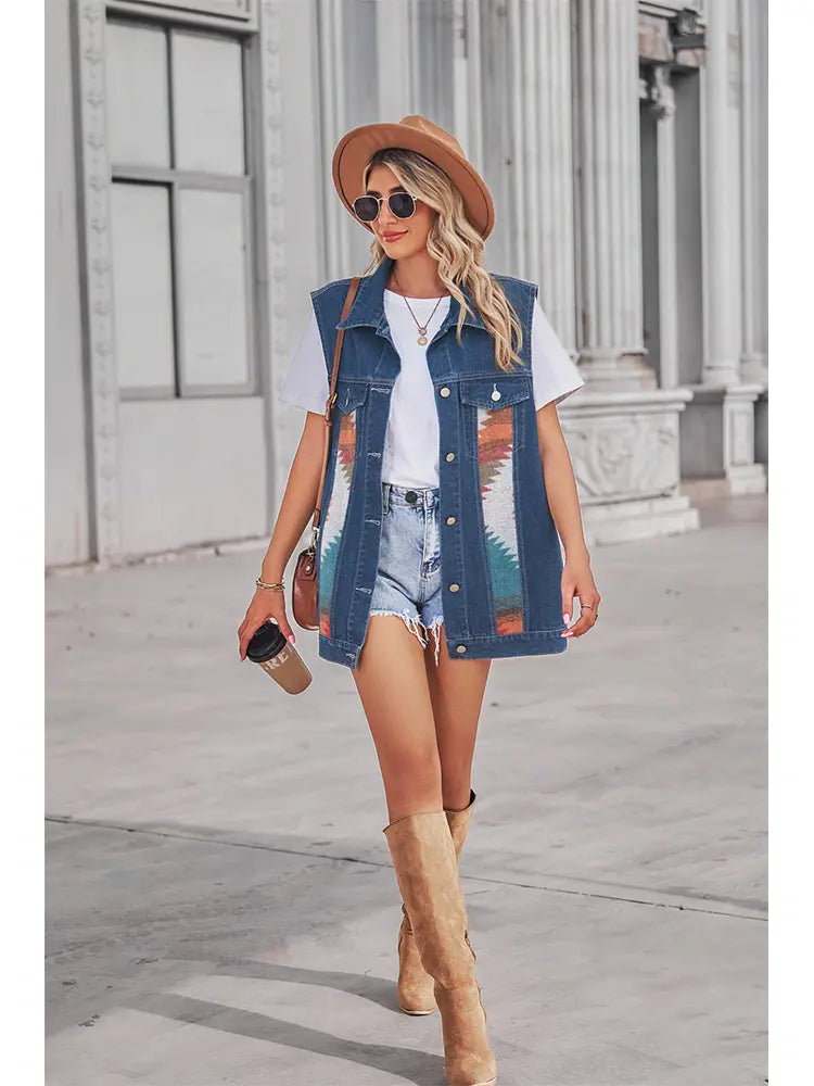 Retro Geometric Patchwork Denim Vest