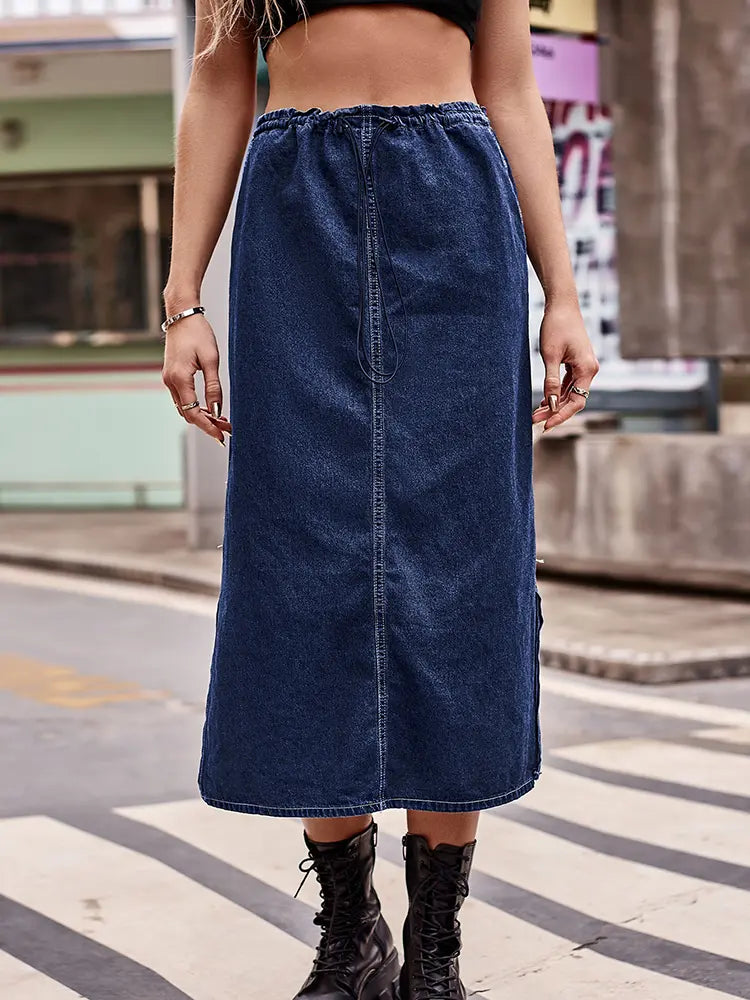 Denim Midi Skirt na may Drawstring sa Baywang