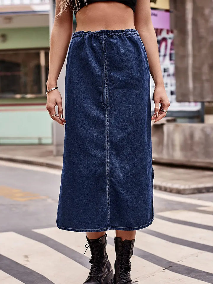 Saia Midi de Denim com Corda na Cintura