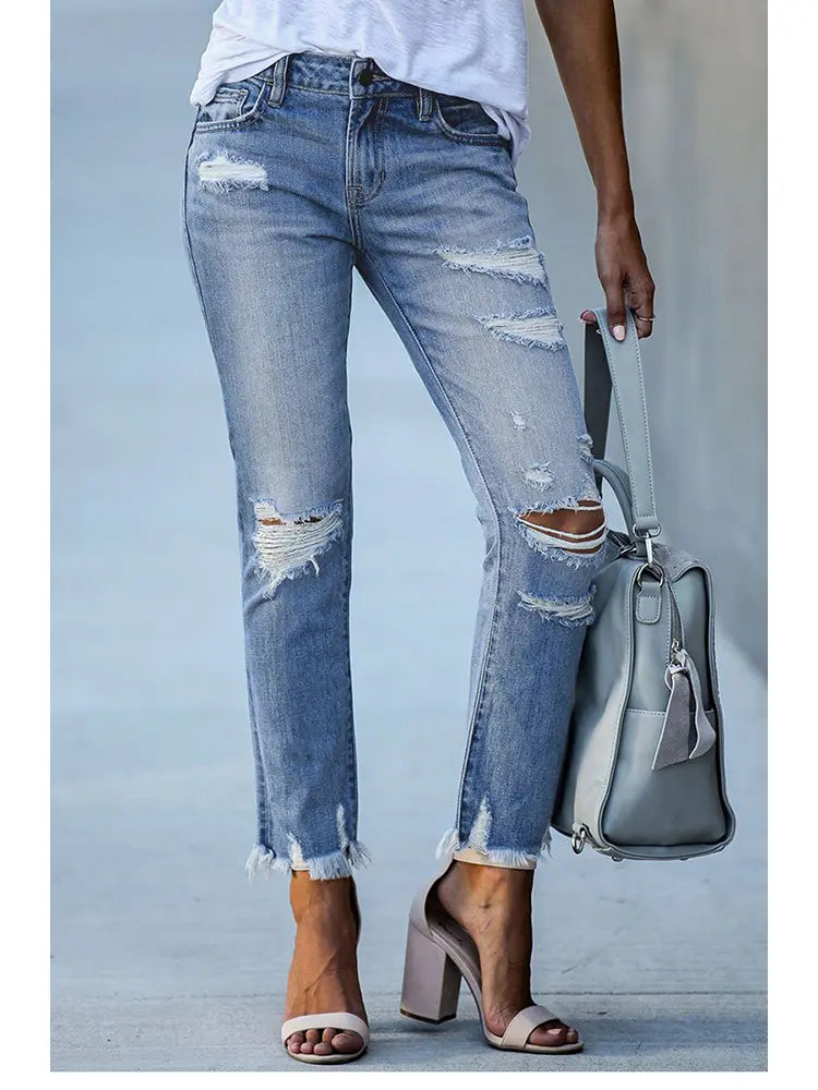 Slim Fit Roztrhané Zkrácené Džíny