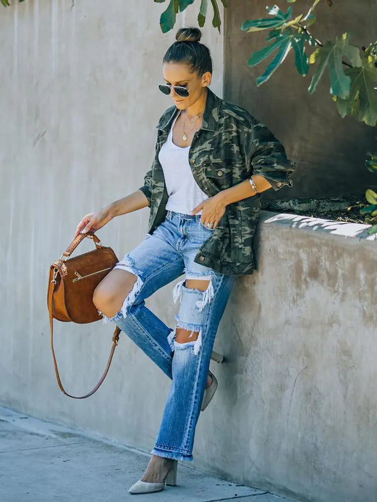 Ripped Distressed Beggar-Style Denim Pants