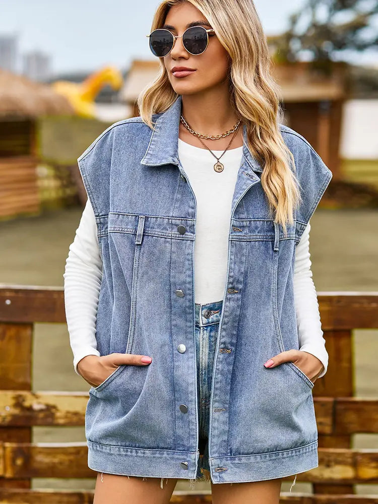 Washed Denim Vest with Unique Pockets