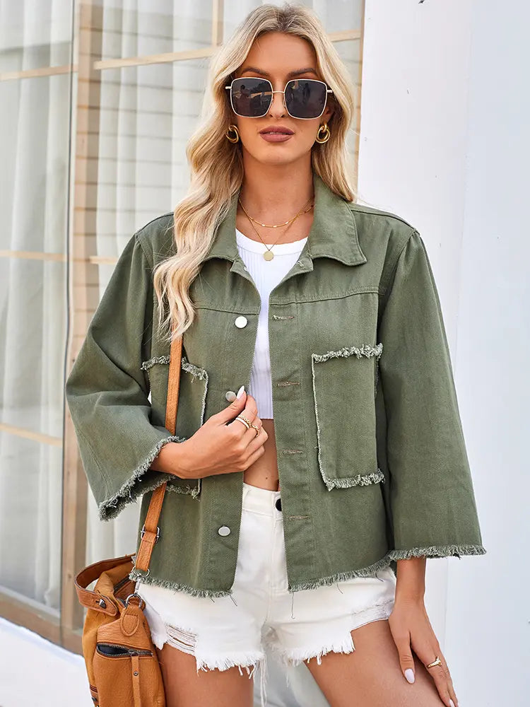 Veste en denim army green décontractée lavée