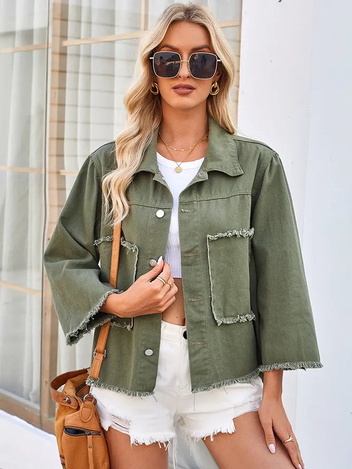 Washed Loose-Fit Army Green Denim Jacket