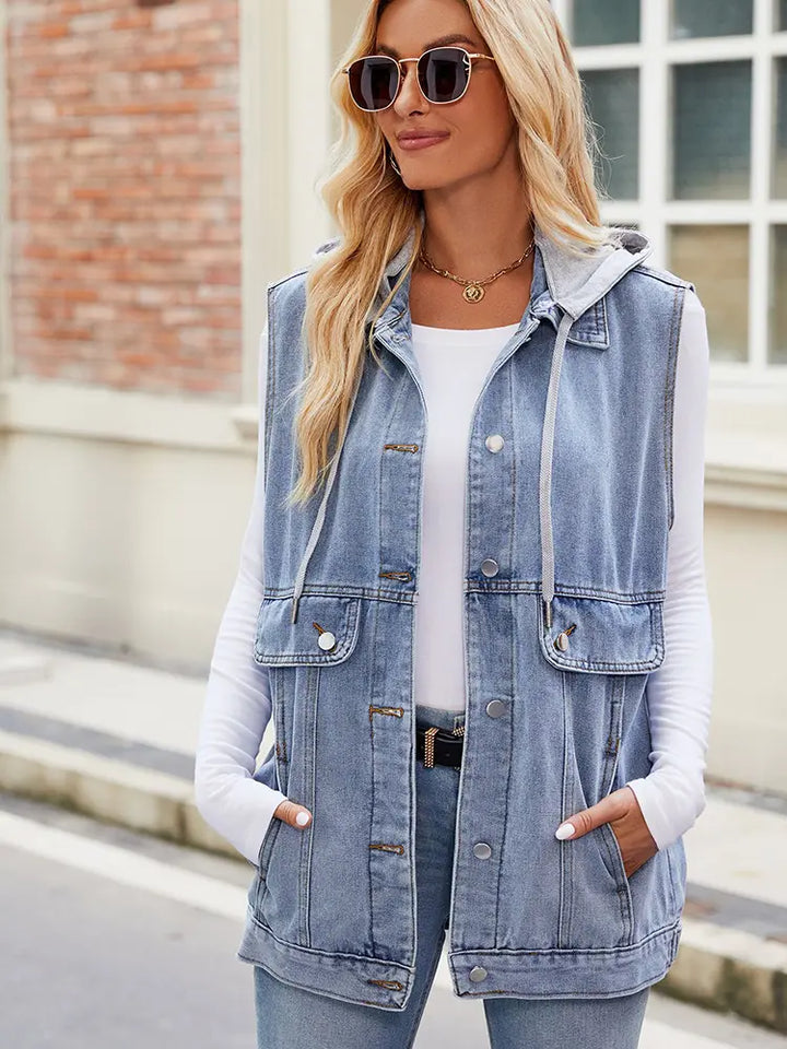 Gilet en denim à capuche sans manches tendance été