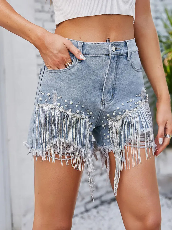 Shorts de Flecos Embellecidos y Brillantes