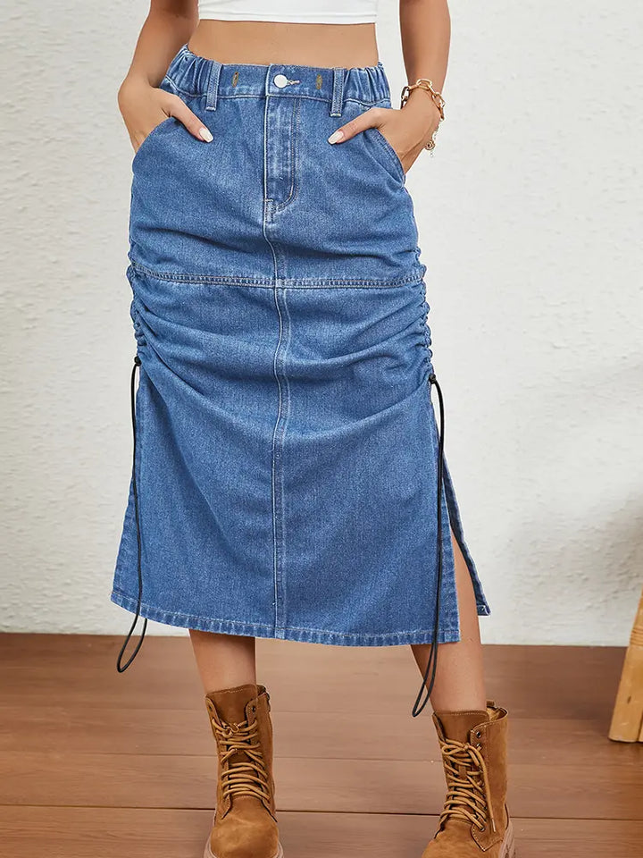 Saia Midi de Denim com Cordão Relaxado