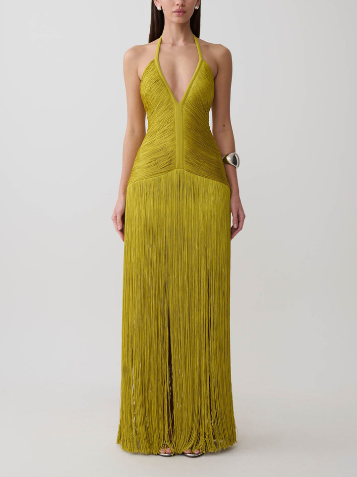 Rochie maxi chartreuse cu franjuri