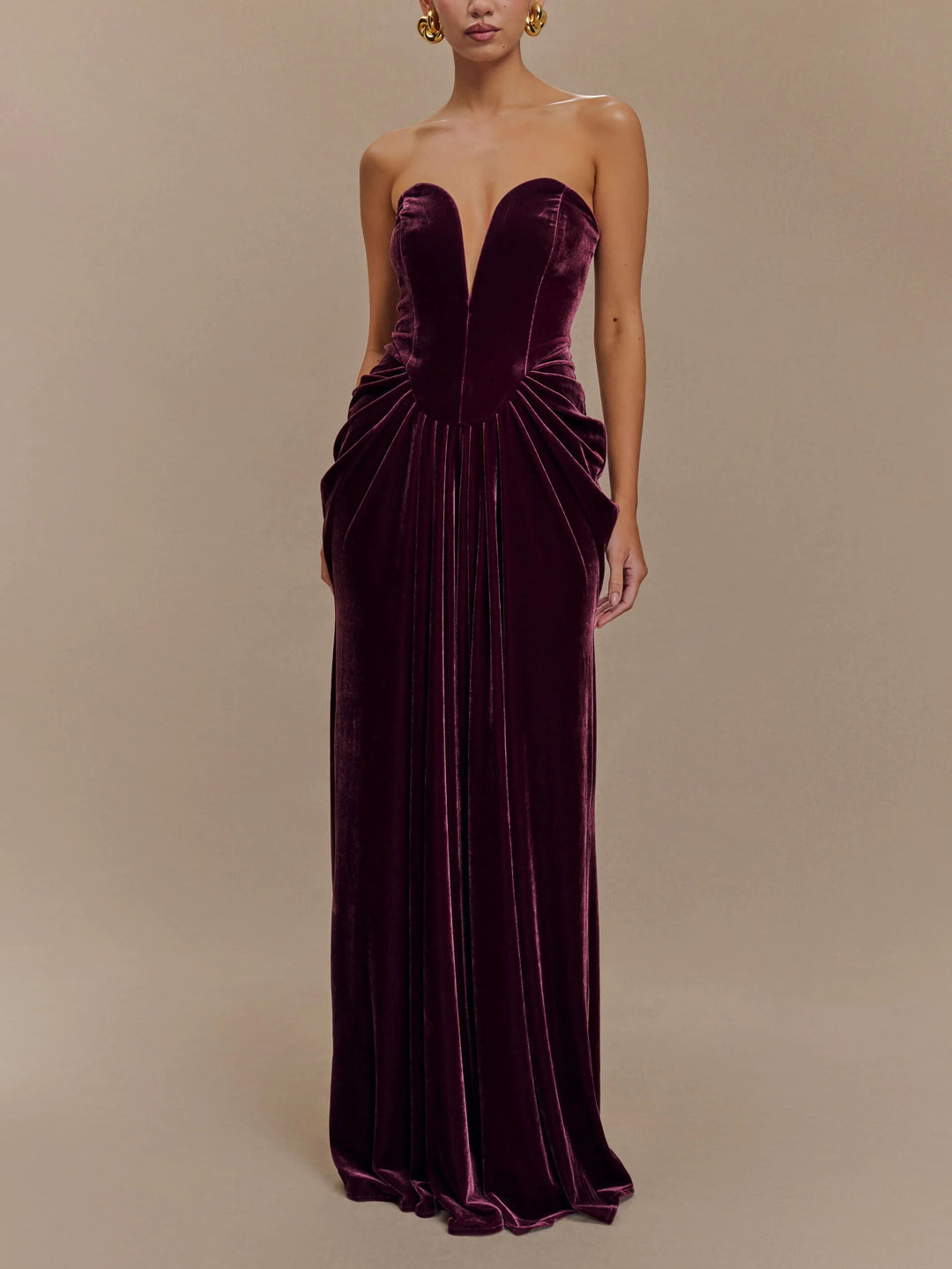 Robe maxi en velours sans bretelles - Prune