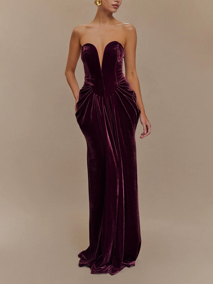 Robe maxi en velours sans bretelles - Prune