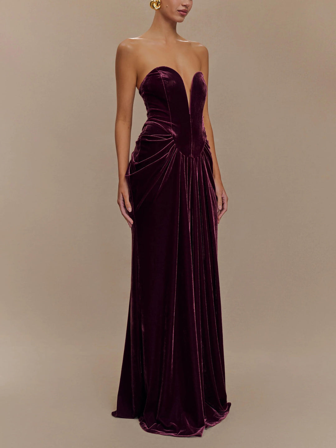 Robe maxi en velours sans bretelles - Prune